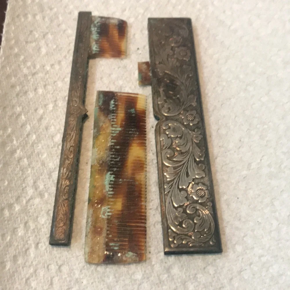 Antique silver small mirror and comb set